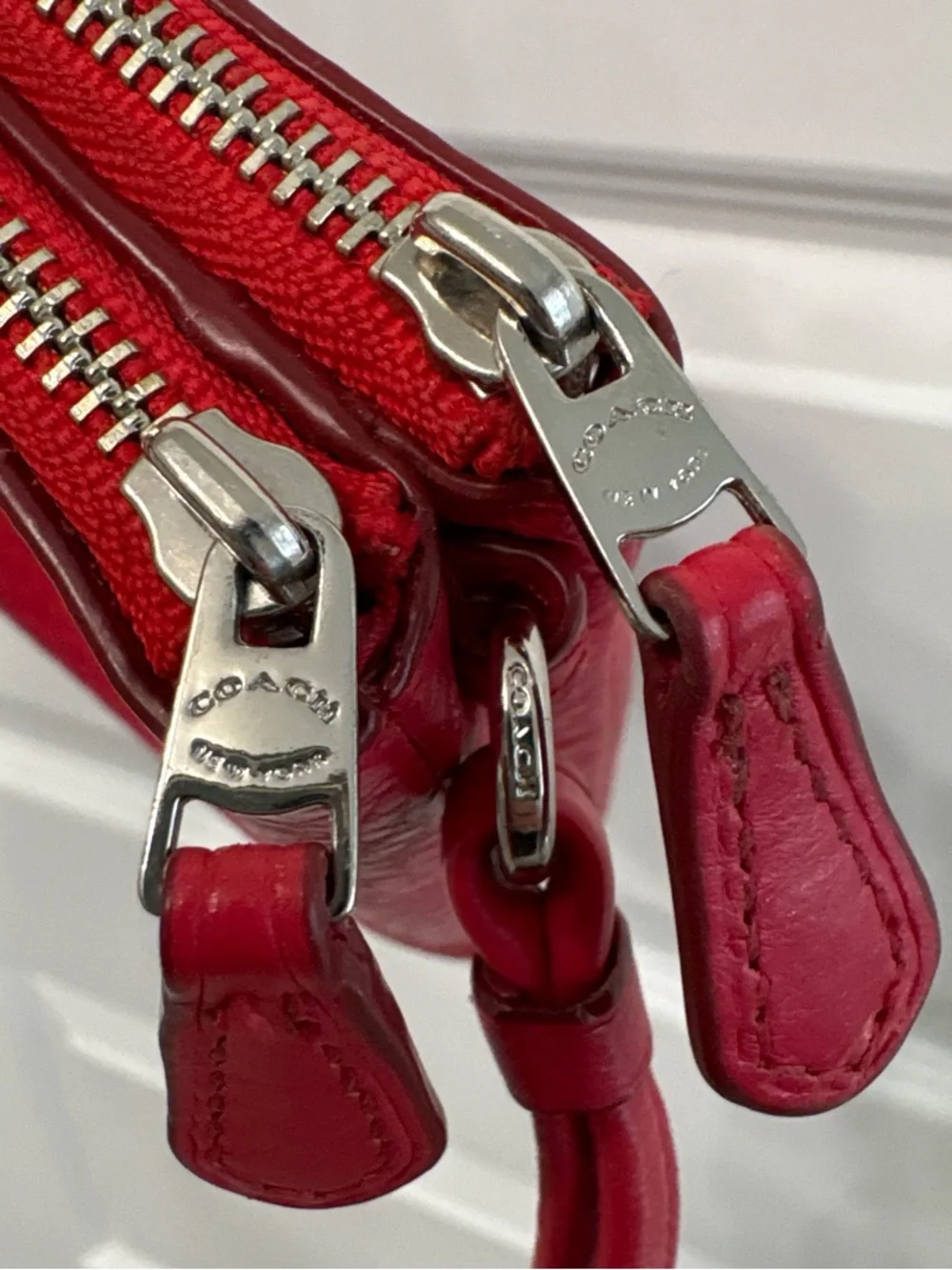Coach Red Pebbled Leather Double Zip Wristlet Clutch